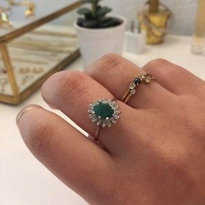 14k White Gold Vintage Jade and Diamond Ring